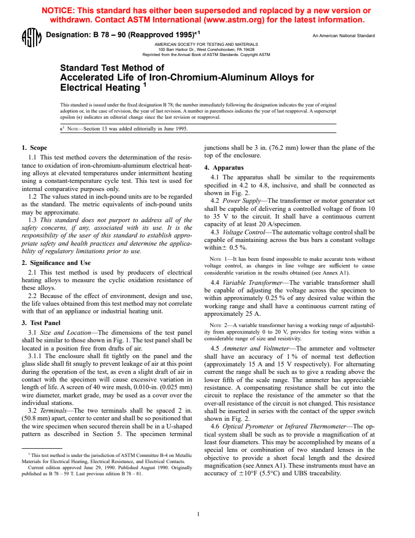 ASTM B78-90(1995)e1 - Standard Test Method of Accelerated Life of Iron-Chromium-Aluminum Alloys for Electrical Heating