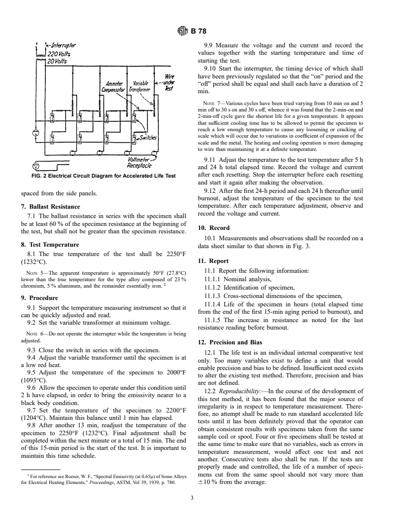 ASTM B78-90(1995)e1 - Standard Test Method of Accelerated Life of Iron-Chromium-Aluminum Alloys for Electrical Heating