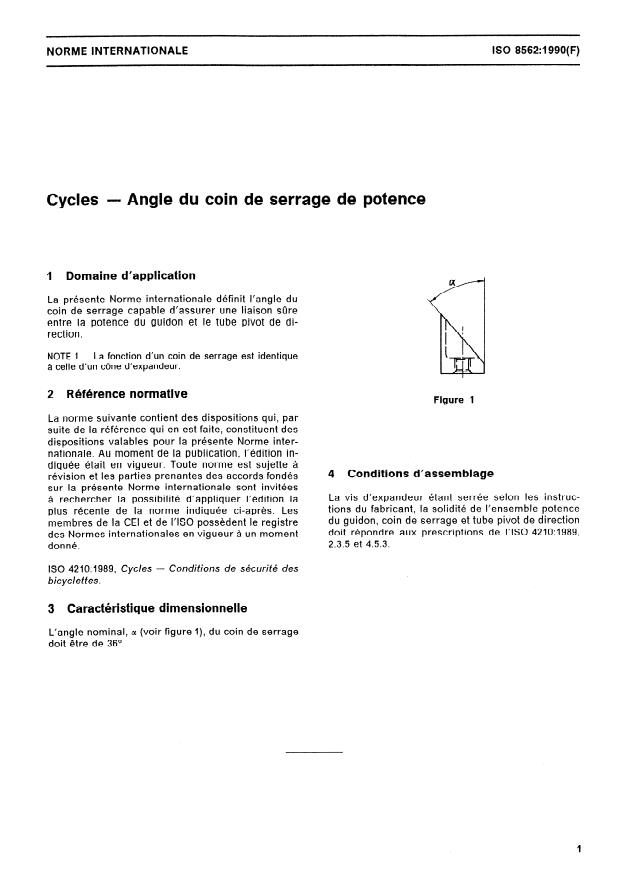 ISO 8562:1990 - Cycles -- Angle du coin de serrage de potence