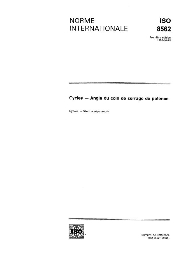 ISO 8562:1990 - Cycles -- Angle du coin de serrage de potence