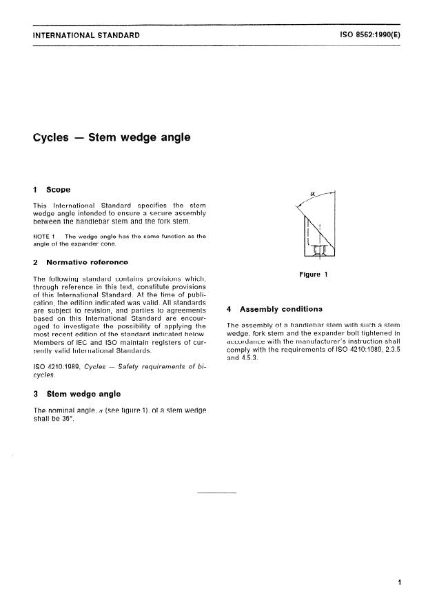 ISO 8562:1990 - Cycles -- Stem wedge angle