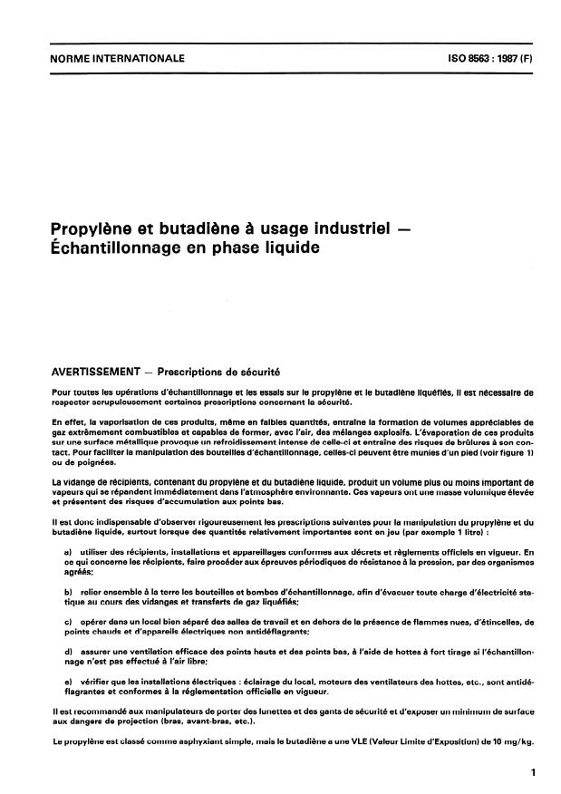 ISO 8563:1987 - Propylene et butadiene a usage industriel -- Échantillonnage en phase liquide