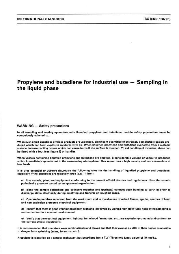 ISO 8563:1987 - Propylene and butadiene for industrial use -- Sampling in the liquid phase