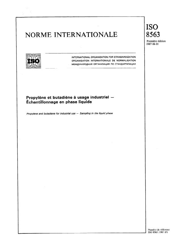 ISO 8563:1987 - Propylene et butadiene a usage industriel -- Échantillonnage en phase liquide
