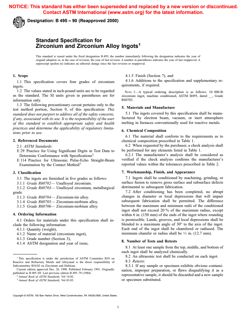 ASTM B495-90(2000) - Standard Specification for Zirconium and Zirconium Alloy Ingots