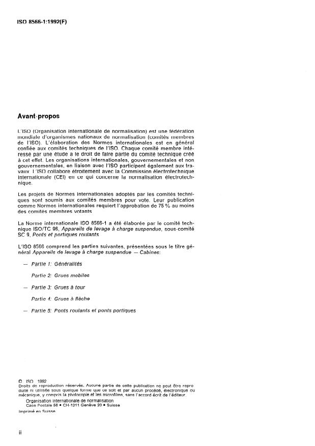 ISO 8566-1:1992 ISO 8566-1:1992 - Appareils de levage a charge suspendue -- Cabines - Page 2 preview