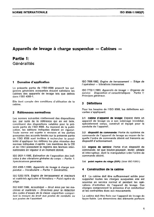 ISO 8566-1:1992 - Appareils de levage a charge suspendue -- Cabines