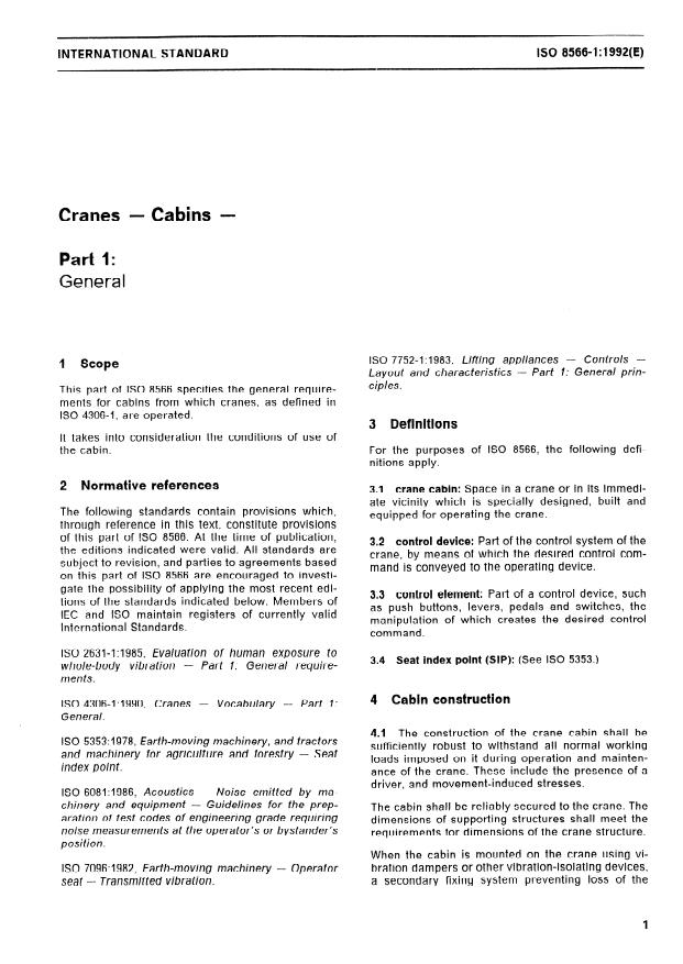 ISO 8566-1:1992 - Cranes -- Cabins