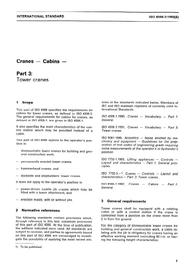 ISO 8566-3:1992 - Cranes -- Cabins