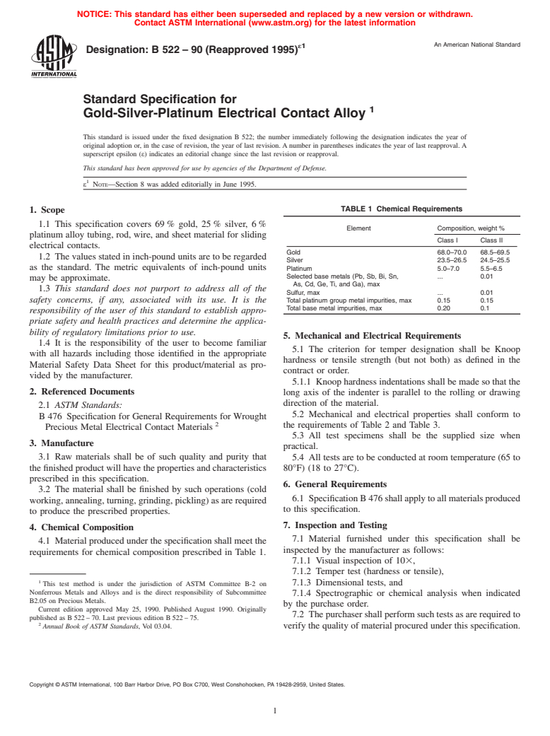 ASTM B522-90(1995)e1 - Standard Specification for Gold-Silver-Platinum Electrical Contact Alloy