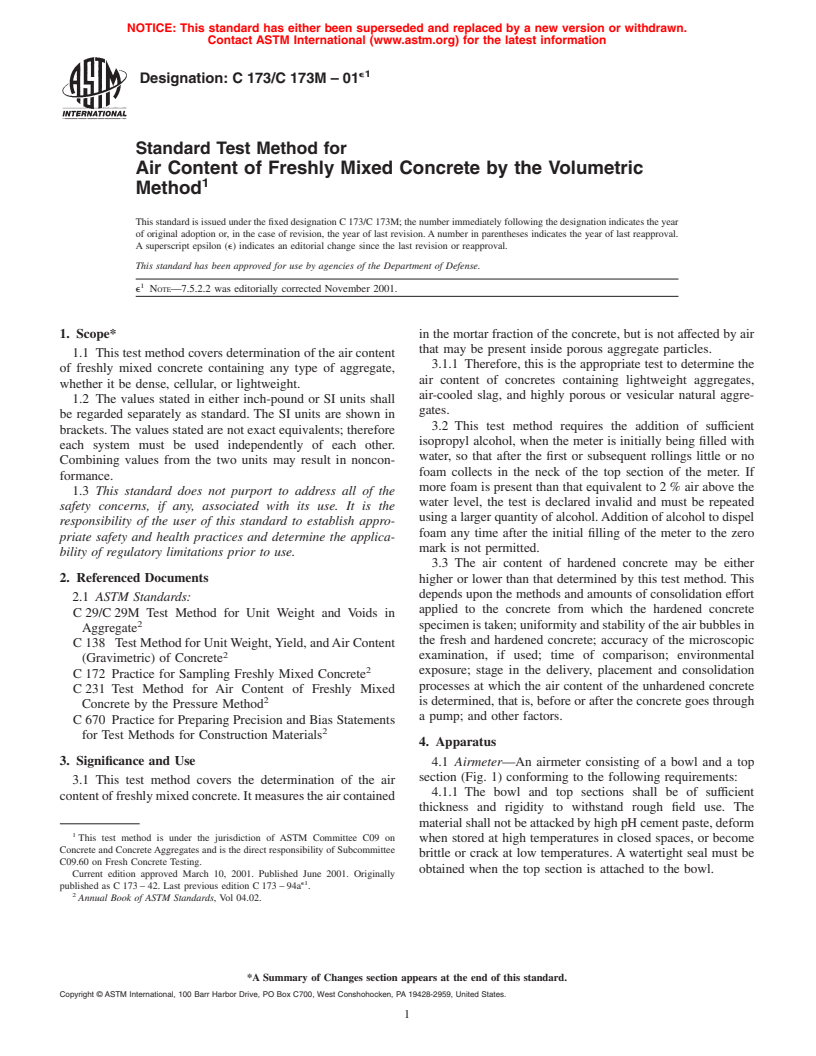 ASTM C173/C173M-01e1 - Standard Test Method for Air Content of Freshly Mixed Concrete by the Volumetric Method