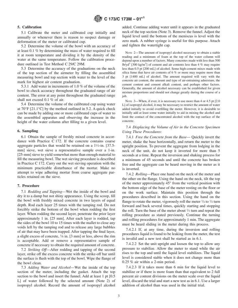 ASTM C173/C173M-01e1 - Standard Test Method for Air Content of Freshly Mixed Concrete by the Volumetric Method