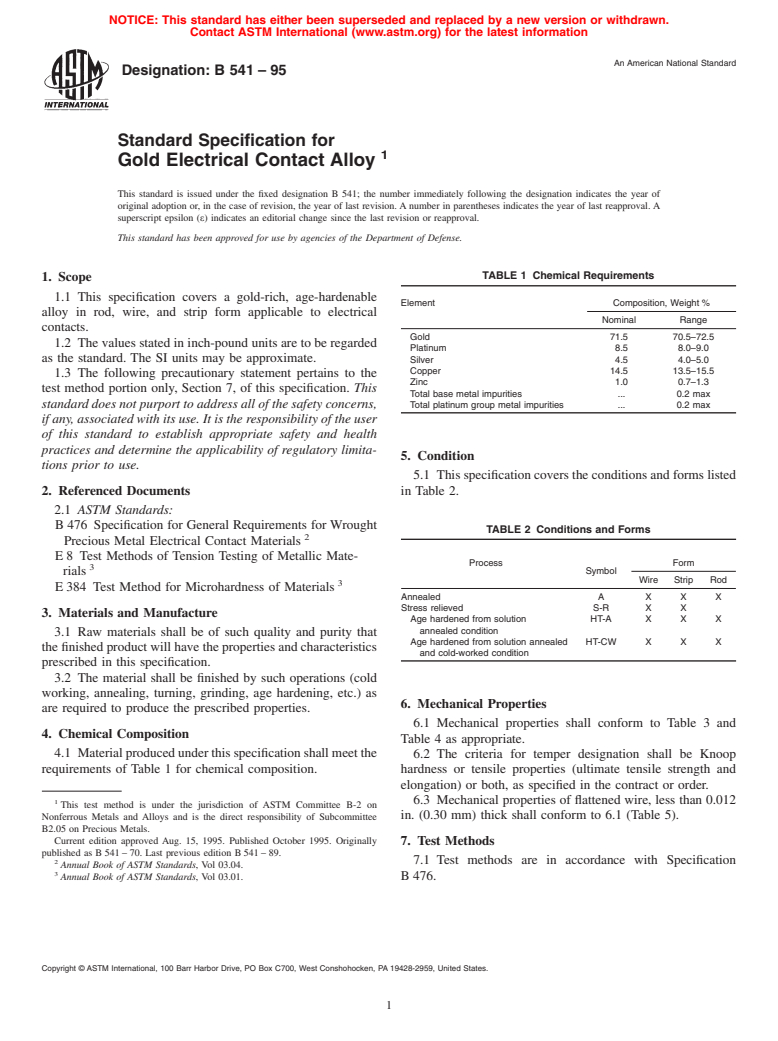 ASTM B541-95 - Standard Specification for Gold Electrical Contact Alloy