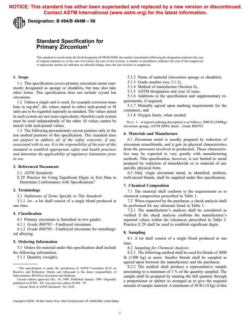 ASTM B494/B494M-98 - Standard Specification for Primary Zirconium