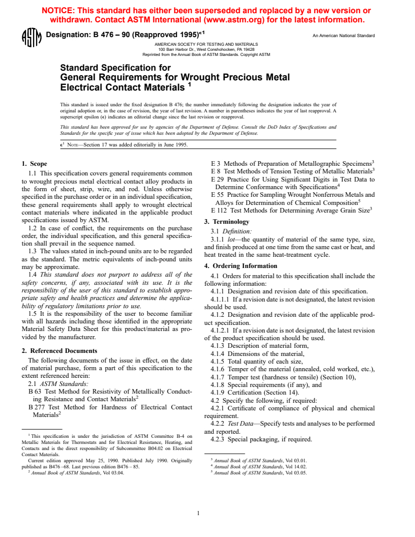 ASTM B476-90(1995)e1 - Standard Specification for General Requirements for Wrought Precious Metal Electrical Contact Materials