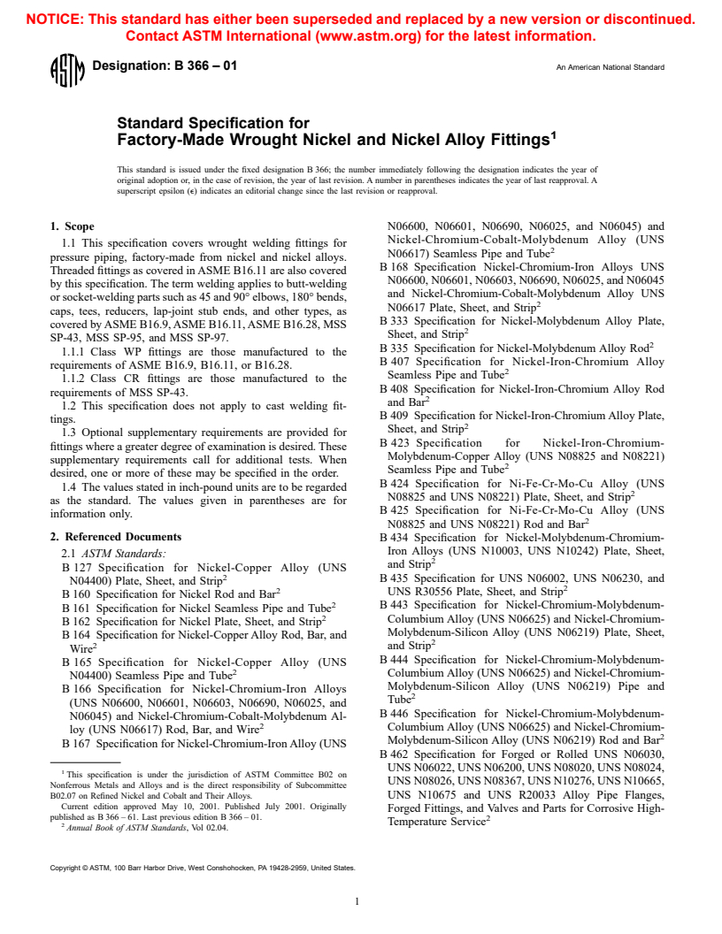 ASTM B366-01 - Standard Specification for Factory-Made Wrought Nickel and Nickel Alloy Fittings