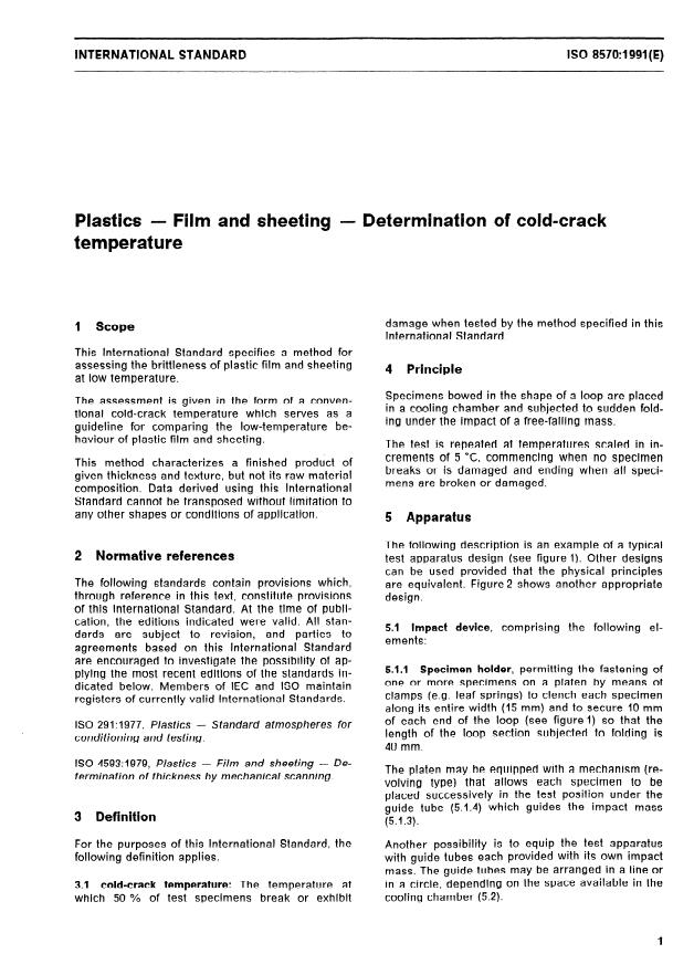 ISO 8570:1991 - Plastics -- Film and sheeting - Determination of cold-crack temperature