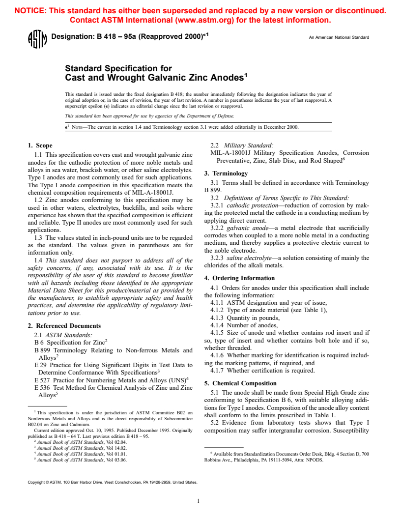 ASTM B418-95a(2000)e1 - Standard Specification for Cast and Wrought Galvanic Zinc Anodes