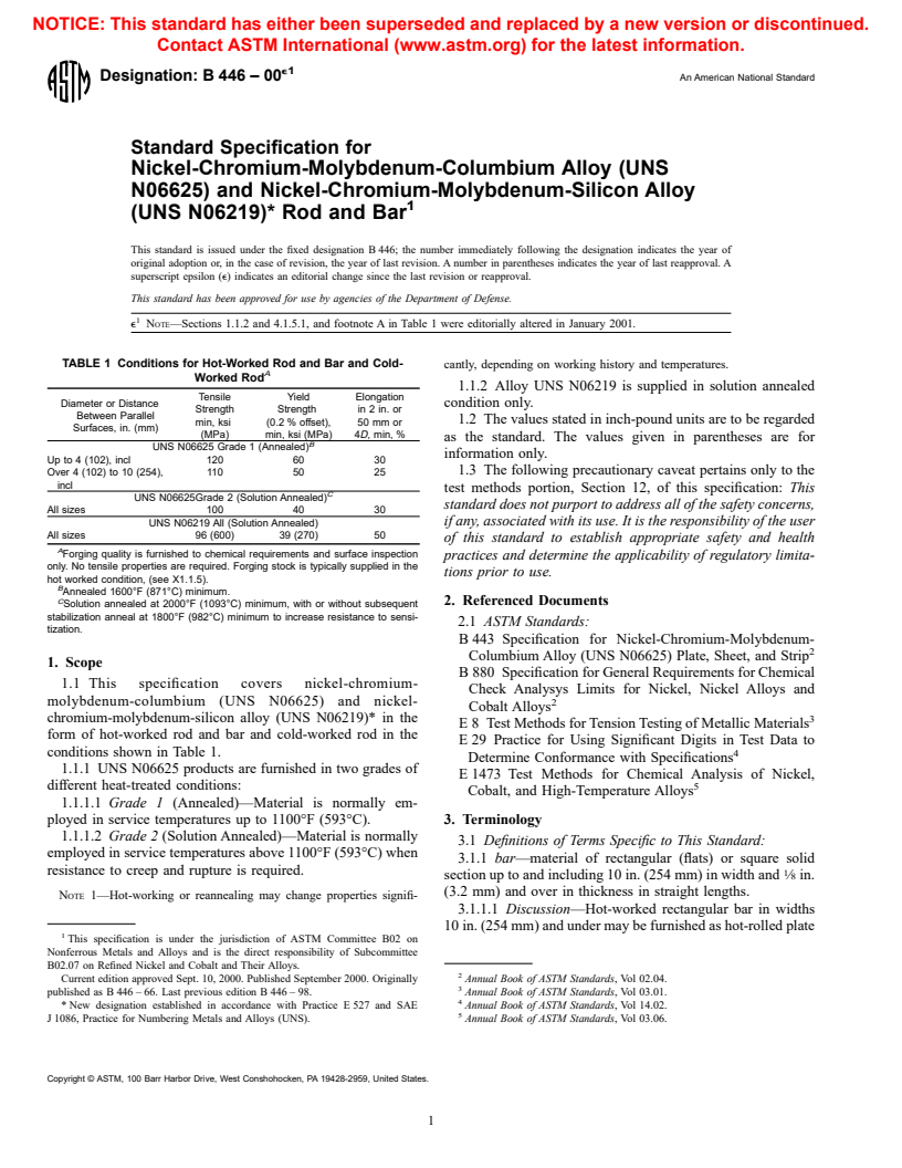 ASTM B446-00e1 - Standard Specification for Nickel-Chromium-Molybdenum-Columbium Alloy (UNS N06625), Nickel-Chromium-Molybdenum-Silicon Alloy (UNS N06219), and Nickel-Chromium-Molybdenum-Tungsten Alloy (UNS N06650)* Rod and Bar