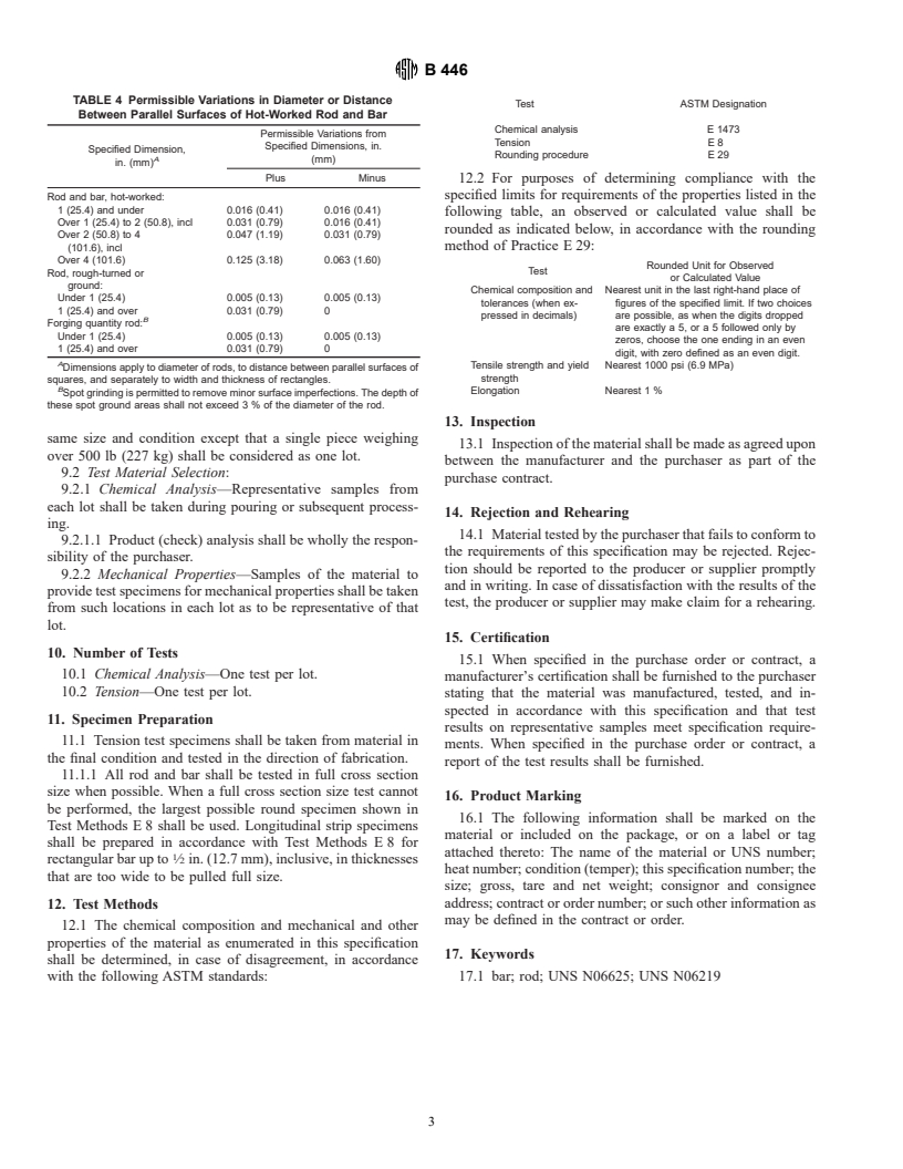 ASTM B446-00e1 - Standard Specification for Nickel-Chromium-Molybdenum-Columbium Alloy (UNS N06625), Nickel-Chromium-Molybdenum-Silicon Alloy (UNS N06219), and Nickel-Chromium-Molybdenum-Tungsten Alloy (UNS N06650)* Rod and Bar