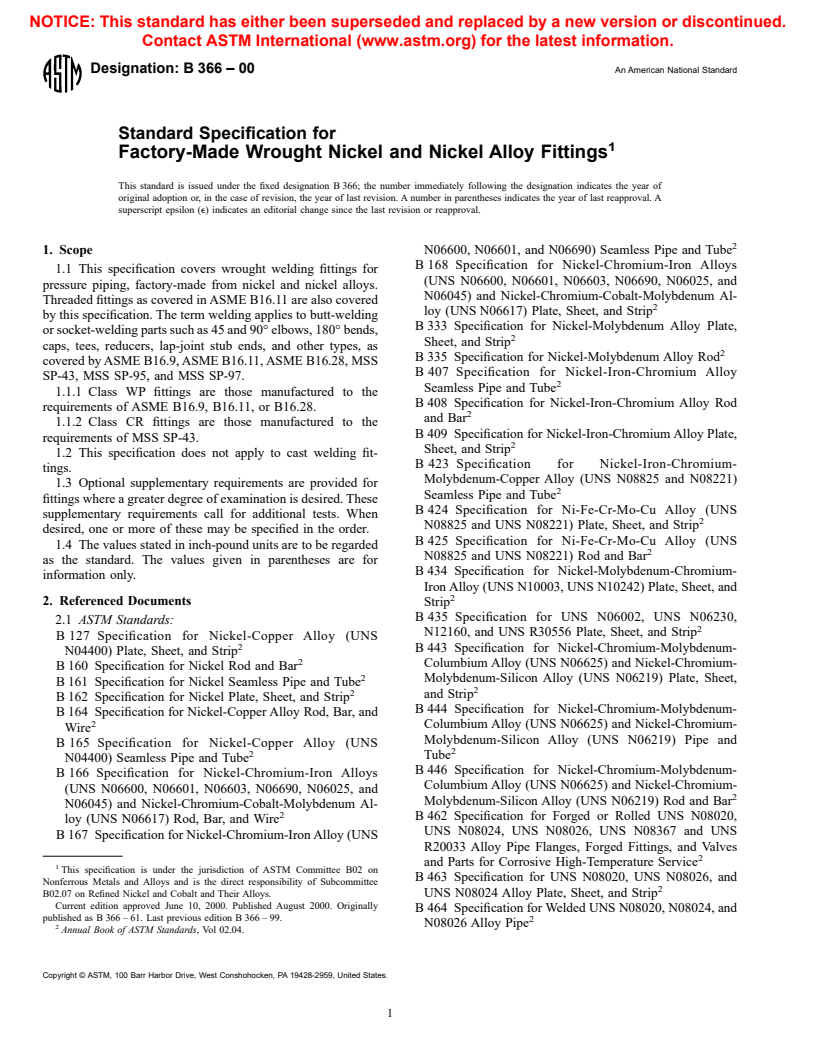 ASTM B366-00 - Standard Specification for Factory-Made Wrought Nickel and Nickel Alloy Fittings