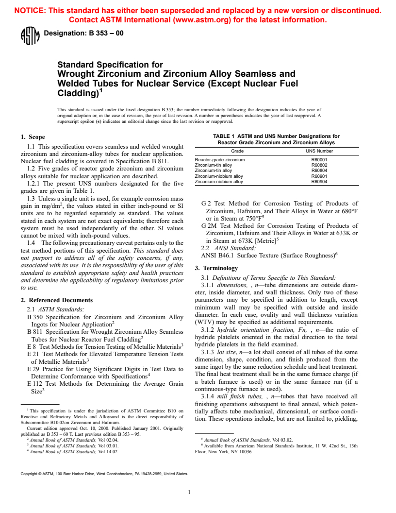 ASTM B353-00 - Standard Specification for Wrought Zirconium and Zirconium Alloy Seamless and Welded Tubes for Nuclear Service (Except Nuclear Fuel Cladding)