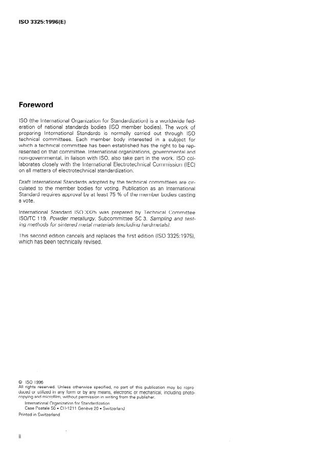 ISO 3325:1996 ISO 3325:1996 - Sintered metal materials, excluding hardmetals -- Determination of transverse rupture strength - Page 2 preview