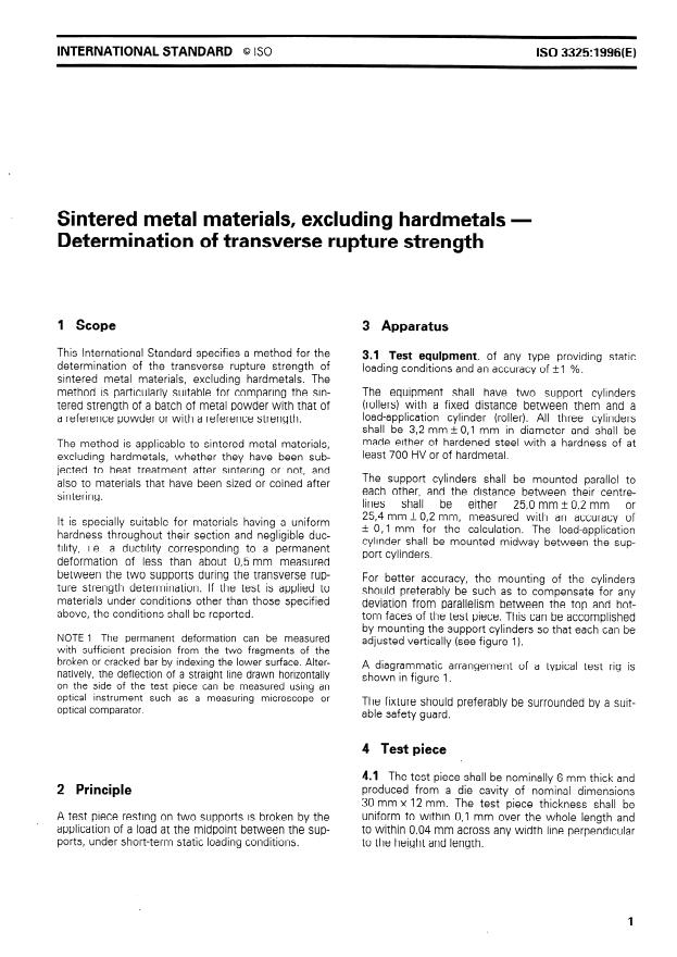 ISO 3325:1996 - Sintered metal materials, excluding hardmetals -- Determination of transverse rupture strength