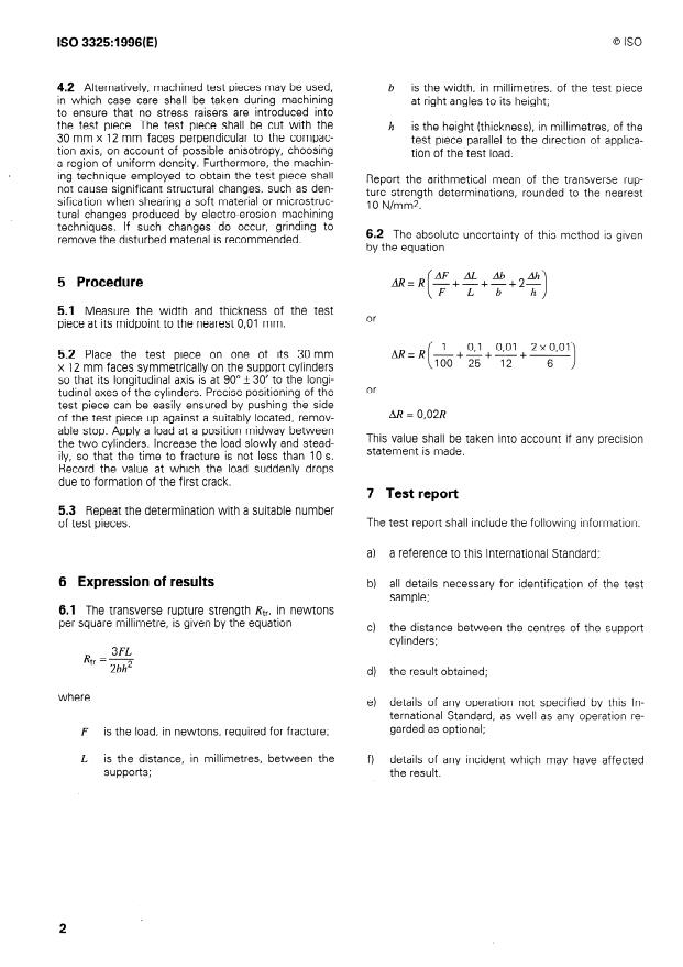 ISO 3325:1996 ISO 3325:1996 - Sintered metal materials, excluding hardmetals -- Determination of transverse rupture strength - Page 4 preview