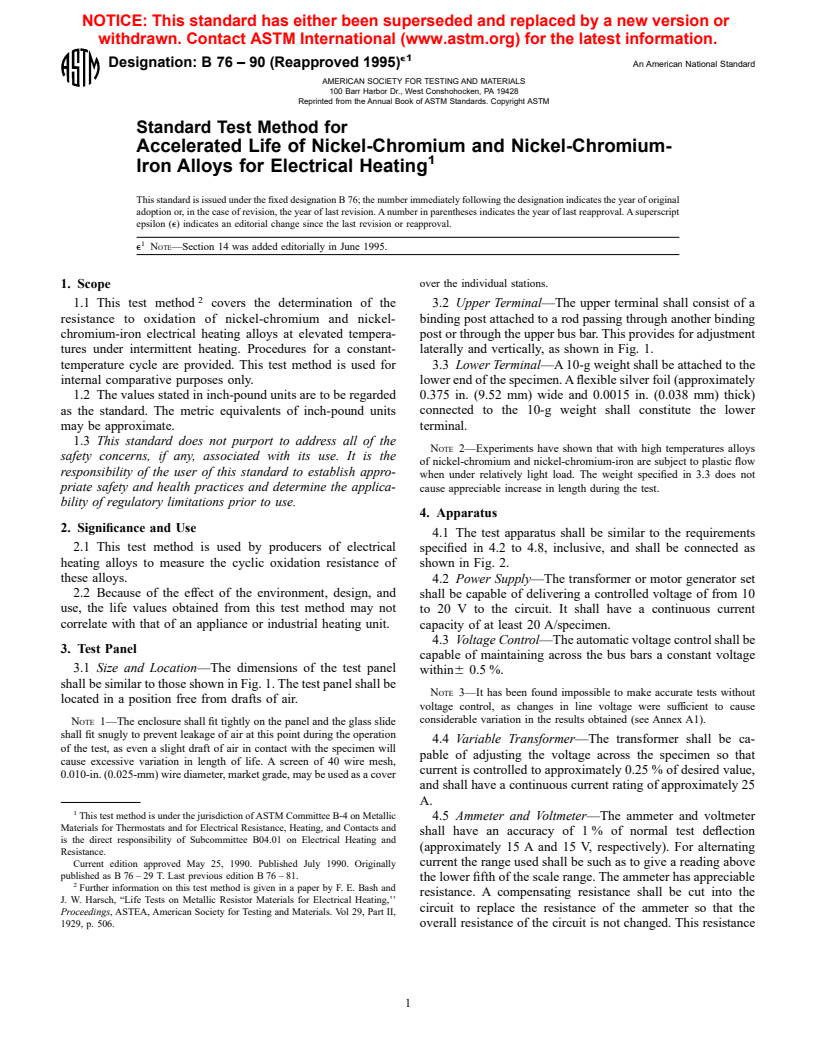 ASTM B76-90(1995)e1 - Standard Test Method for Accelerated Life of Nickel-Chromium and Nickel-Chromium-Iron Alloys for Electrical Heating