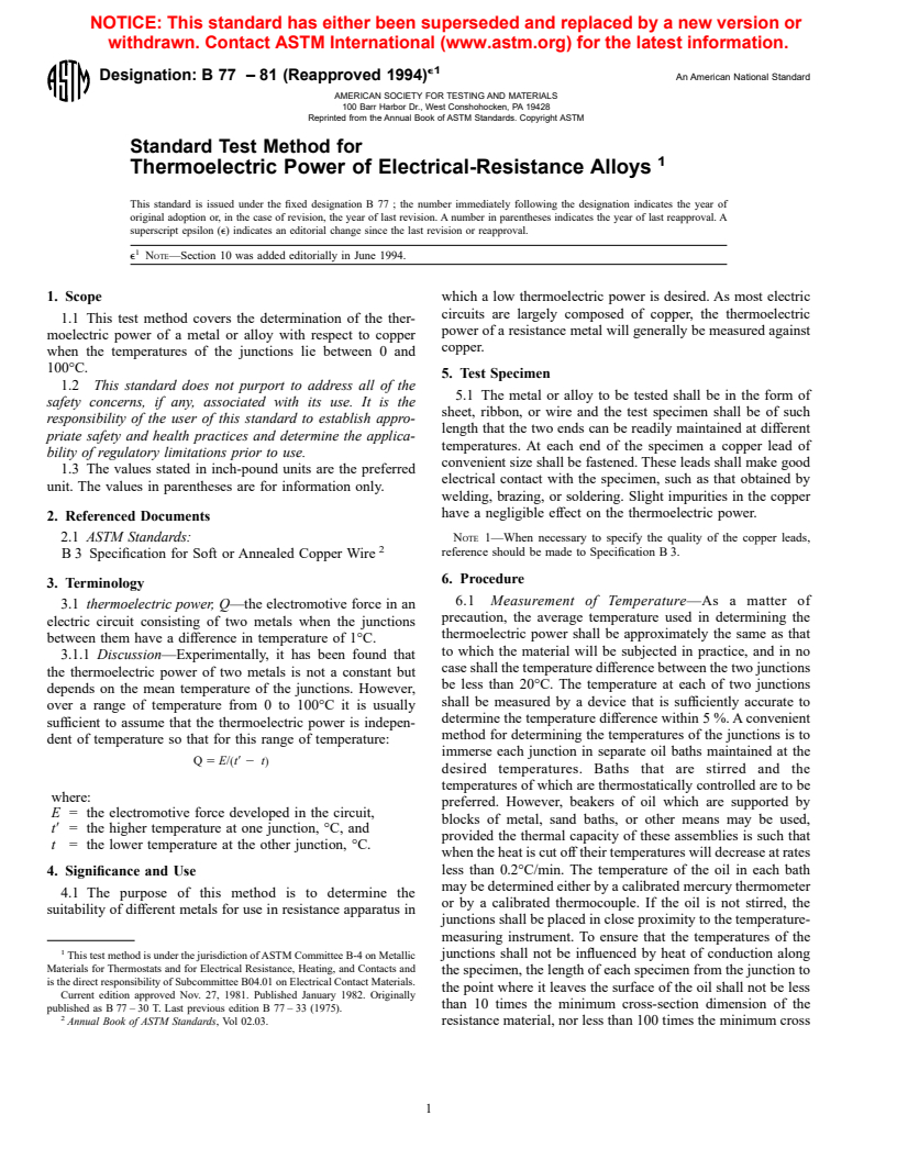 ASTM B77-81(1994)e1 - Standard Test Method for Thermoelectric Power of Electrical-Resistance Alloys