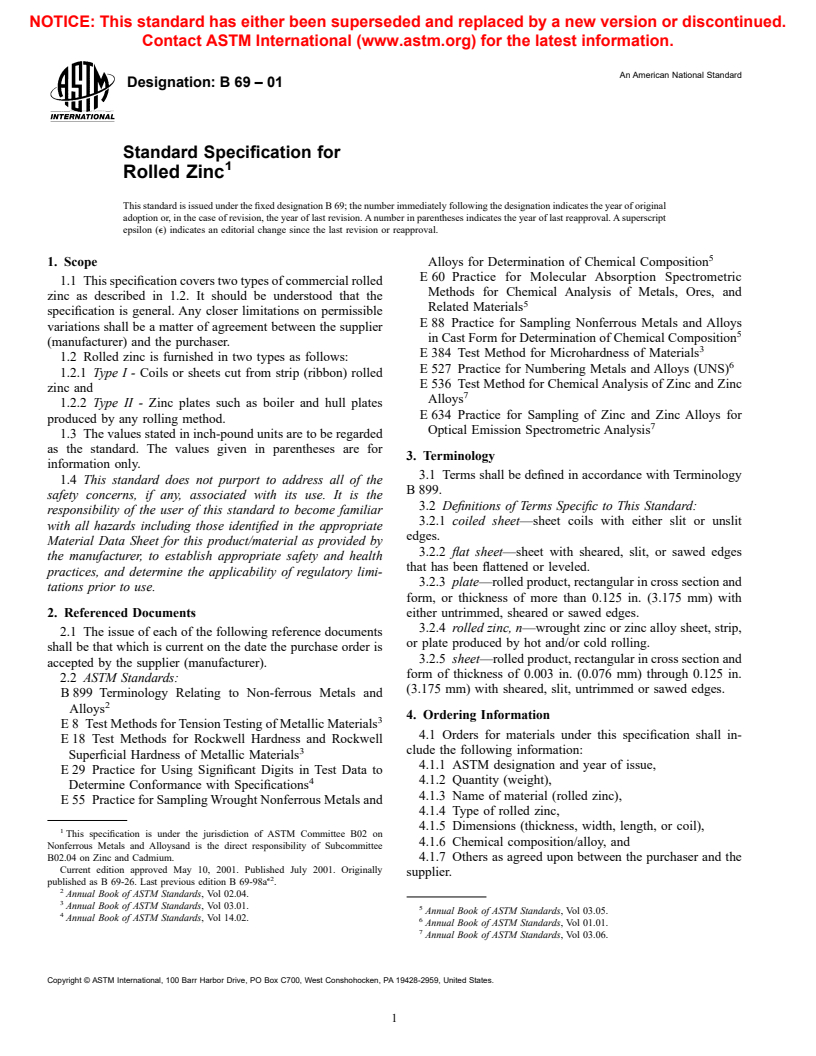 ASTM B69-01 - Standard Specification for Rolled Zinc