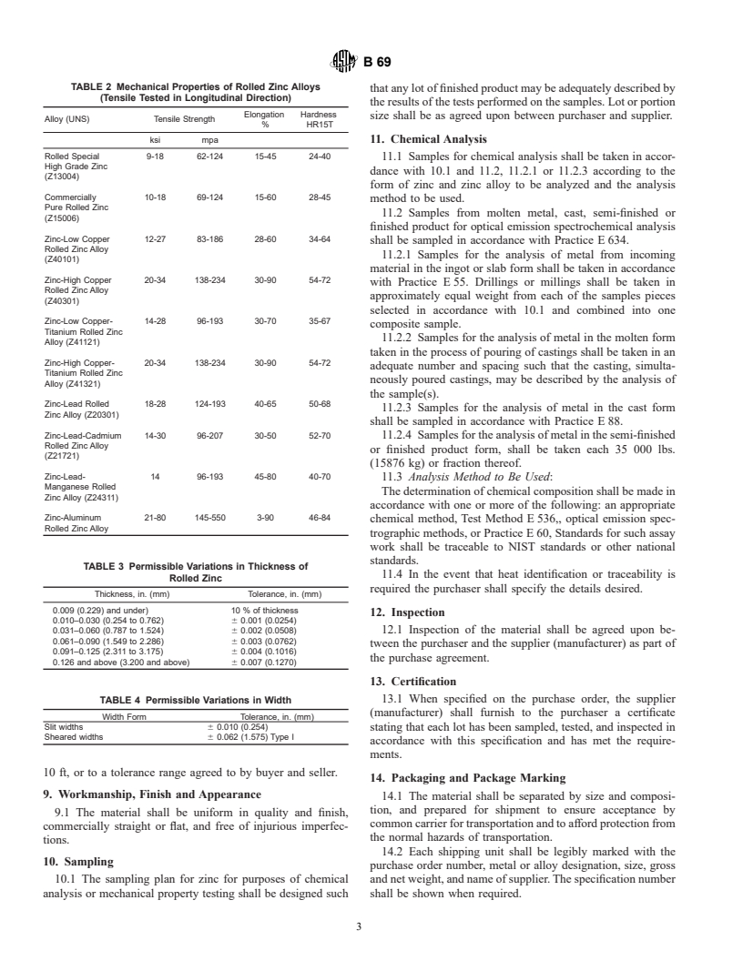 ASTM B69-01 - Standard Specification for Rolled Zinc