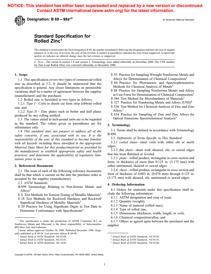 ASTM B69-98ae2 - Standard Specification for Rolled Zinc