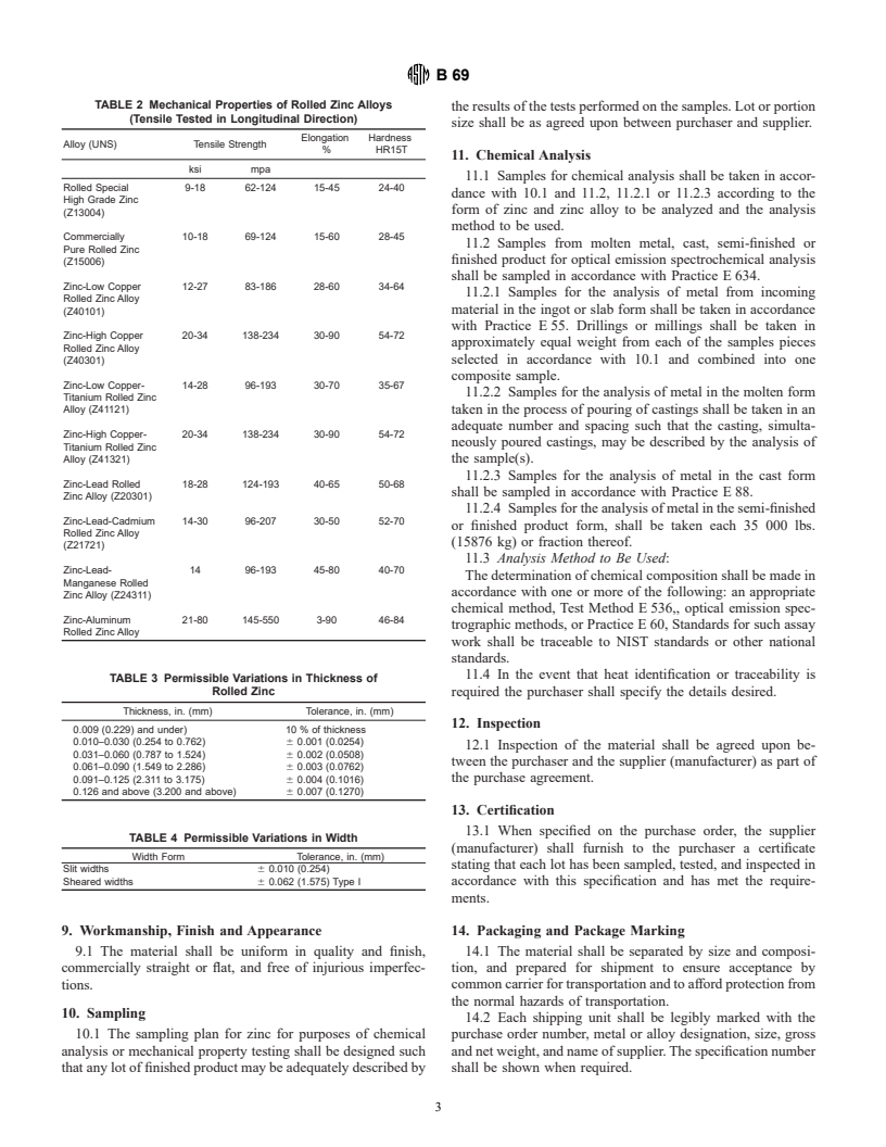 ASTM B69-98ae2 - Standard Specification for Rolled Zinc