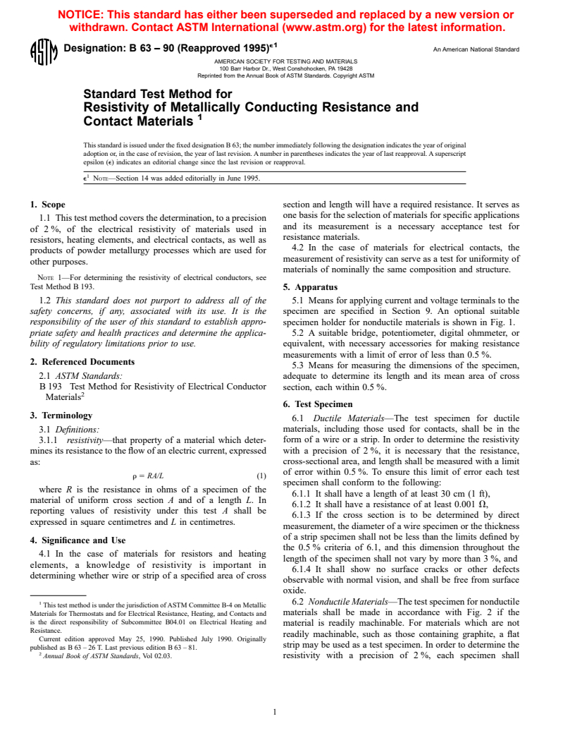 ASTM B63-90(1995)e1 - Standard Test Method for Resistivity of Metallically Conducting Resistance and Contact Materials