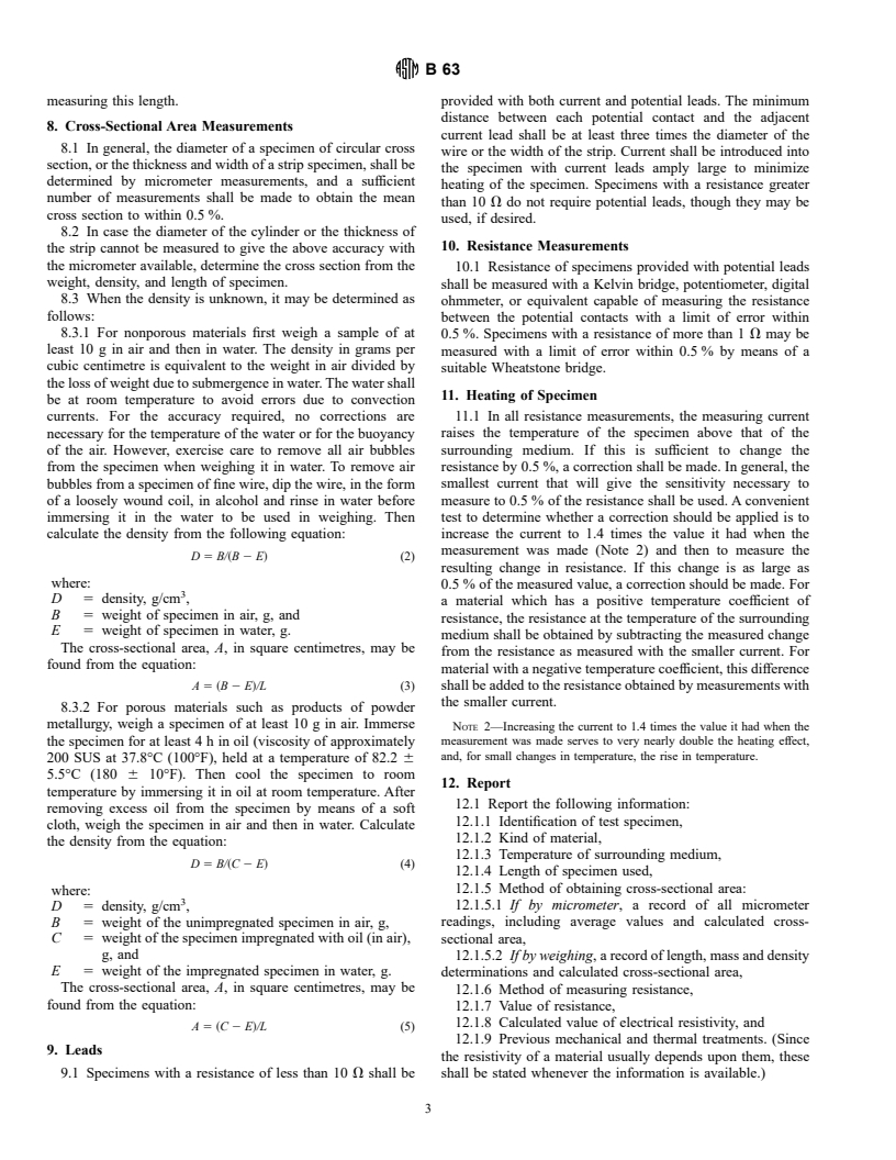 ASTM B63-90(1995)e1 - Standard Test Method for Resistivity of Metallically Conducting Resistance and Contact Materials