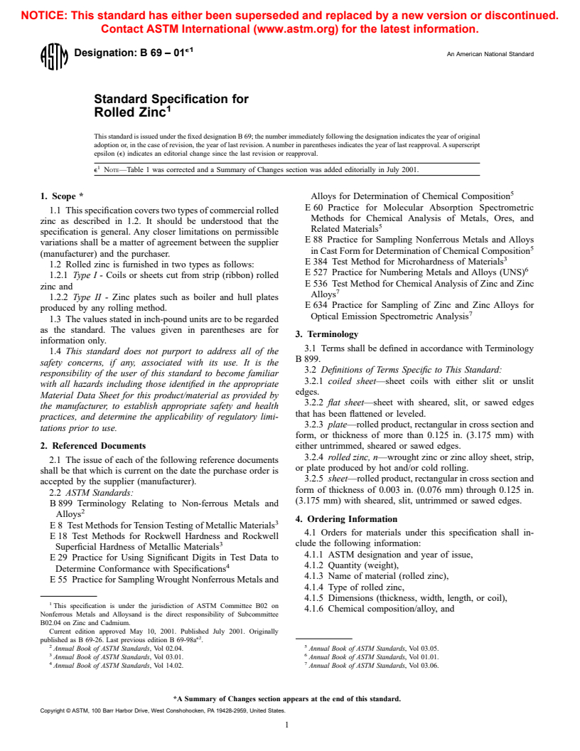 ASTM B69-01e1 - Standard Specification for Rolled Zinc