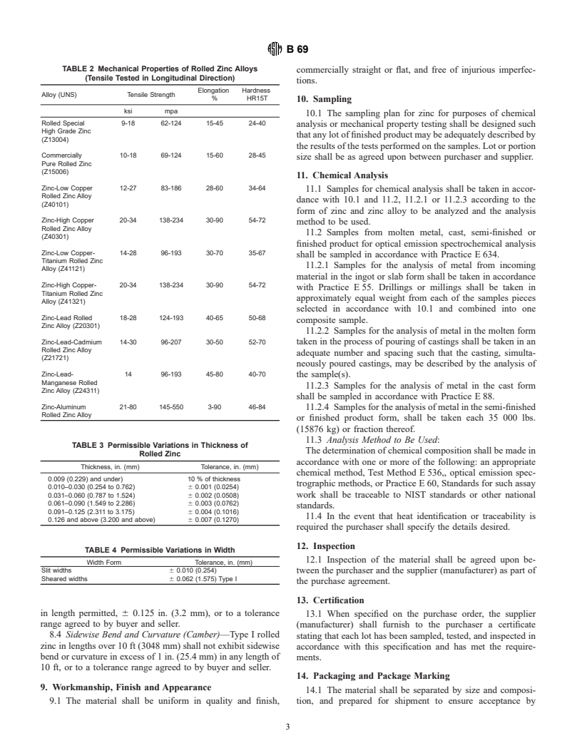 ASTM B69-01e1 - Standard Specification for Rolled Zinc