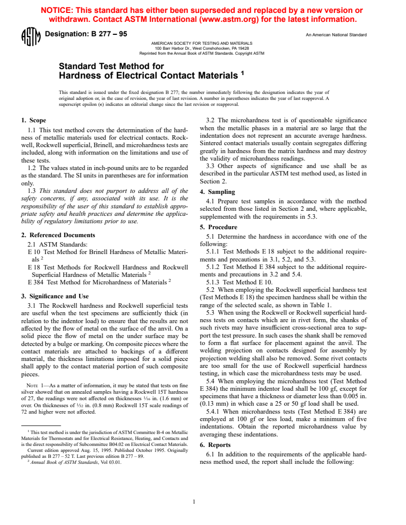 ASTM B277-95 - Standard Test Method for Hardness of Electrical Contact Materials