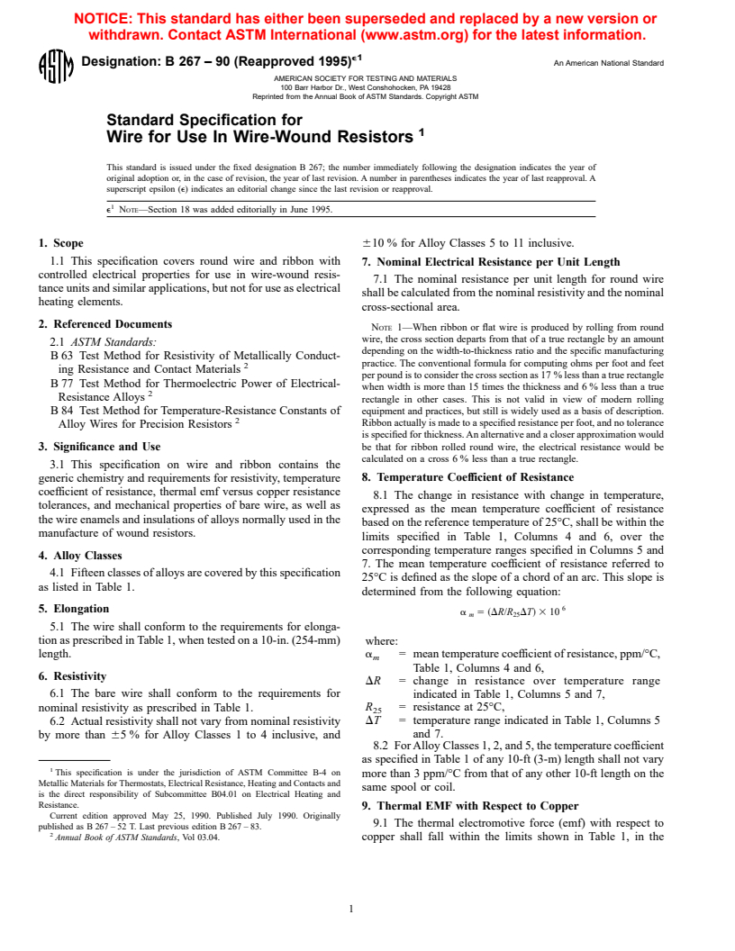 ASTM B267-90(1995)e1 - Standard Specification for Wire for Use In Wire-Wound Resistors