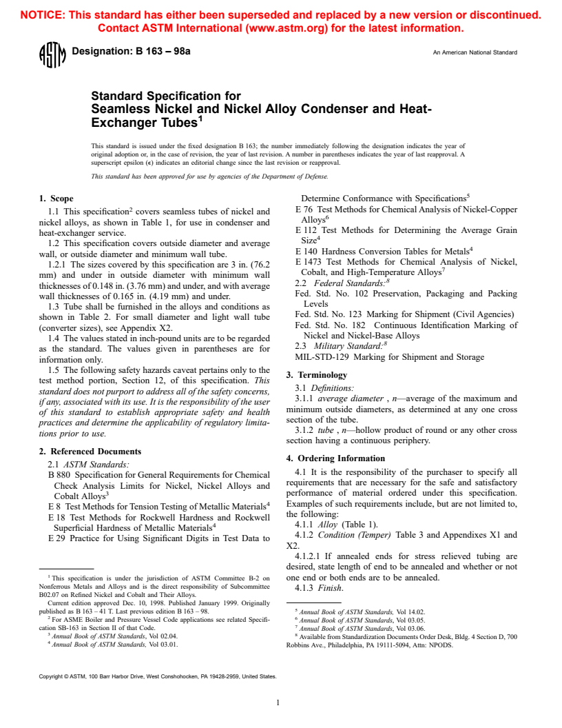 ASTM B163-98a - Standard Specification for Seamless Nickel and Nickel Alloy Condenser and Heat-Exchanger Tubes