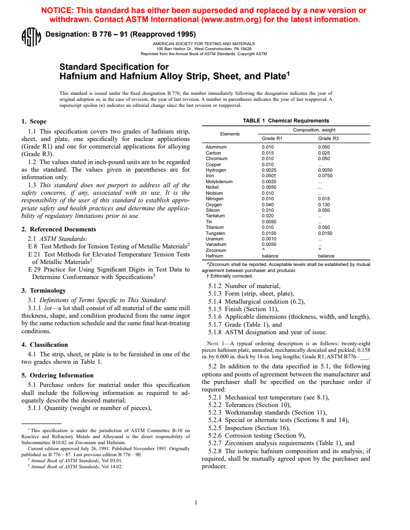 ASTM B776-91(1995) - Standard Specification for Hafnium and Hafnium Alloy Strip, Sheet, and Plate