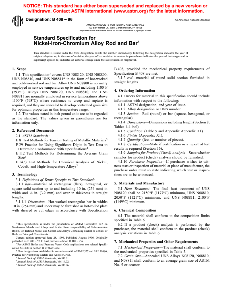 ASTM B408-96 - Standard Specification for Nickel-Iron-Chromium Alloy Rod and Bar