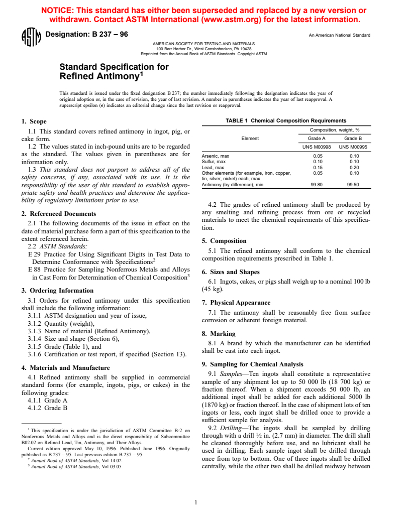 ASTM B237-96 - Standard Specification for Refined Antimony