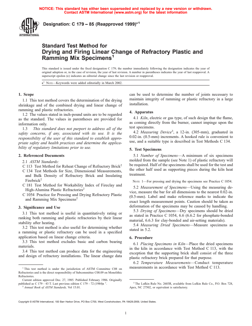 ASTM C179-85(1999)e1 - Standard Test Method for Drying and Firing Linear Change of Refractory Plastic and Ramming Mix Specimens