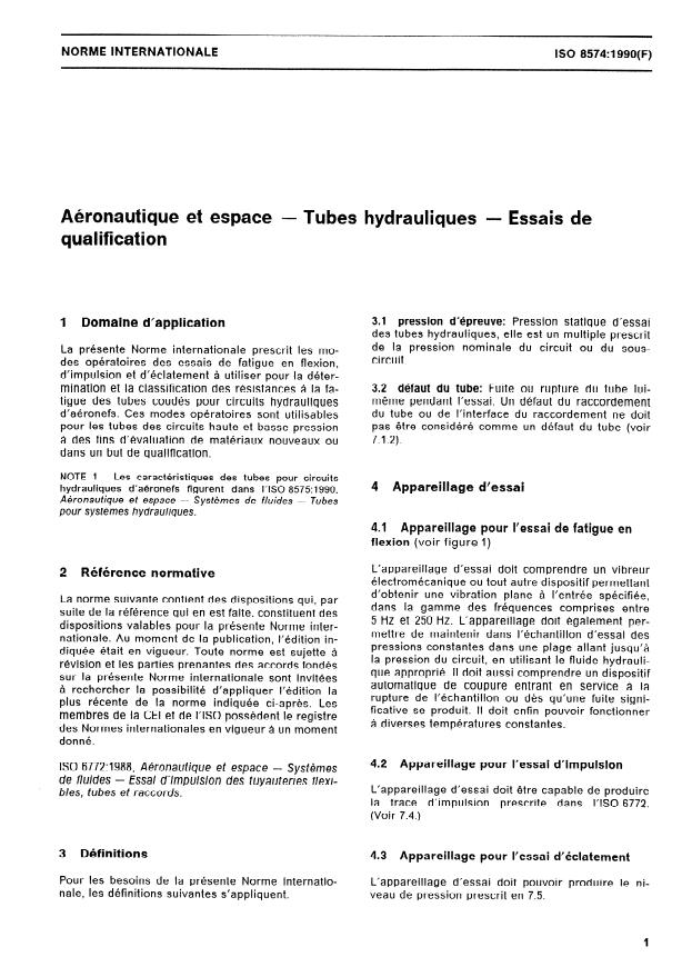 ISO 8574:1990 - Aéronautique et espace -- Tubes hydrauliques -- Essais de qualification