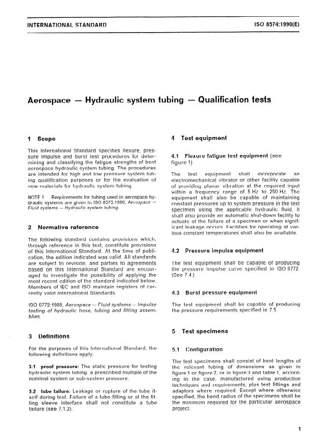 ISO 8574:1990 - Aerospace -- Hydraulic system tubing -- Qualification tests