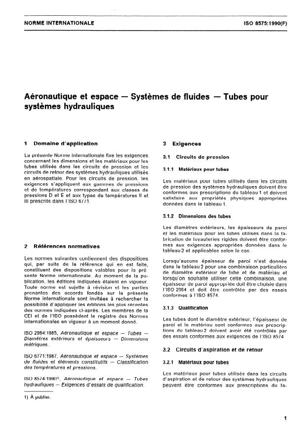 ISO 8575:1990 - Aéronautique et espace -- Systemes de fluides -- Tubes pour systemes hydrauliques