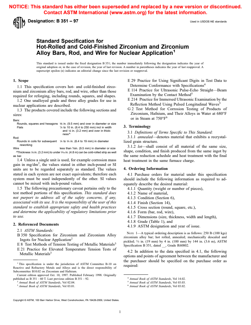 ASTM B351-97 - Standard Specification for Hot-Rolled and Cold-Finished Zirconium and Zirconium Alloy Bars, Rod, and Wire for Nuclear Application